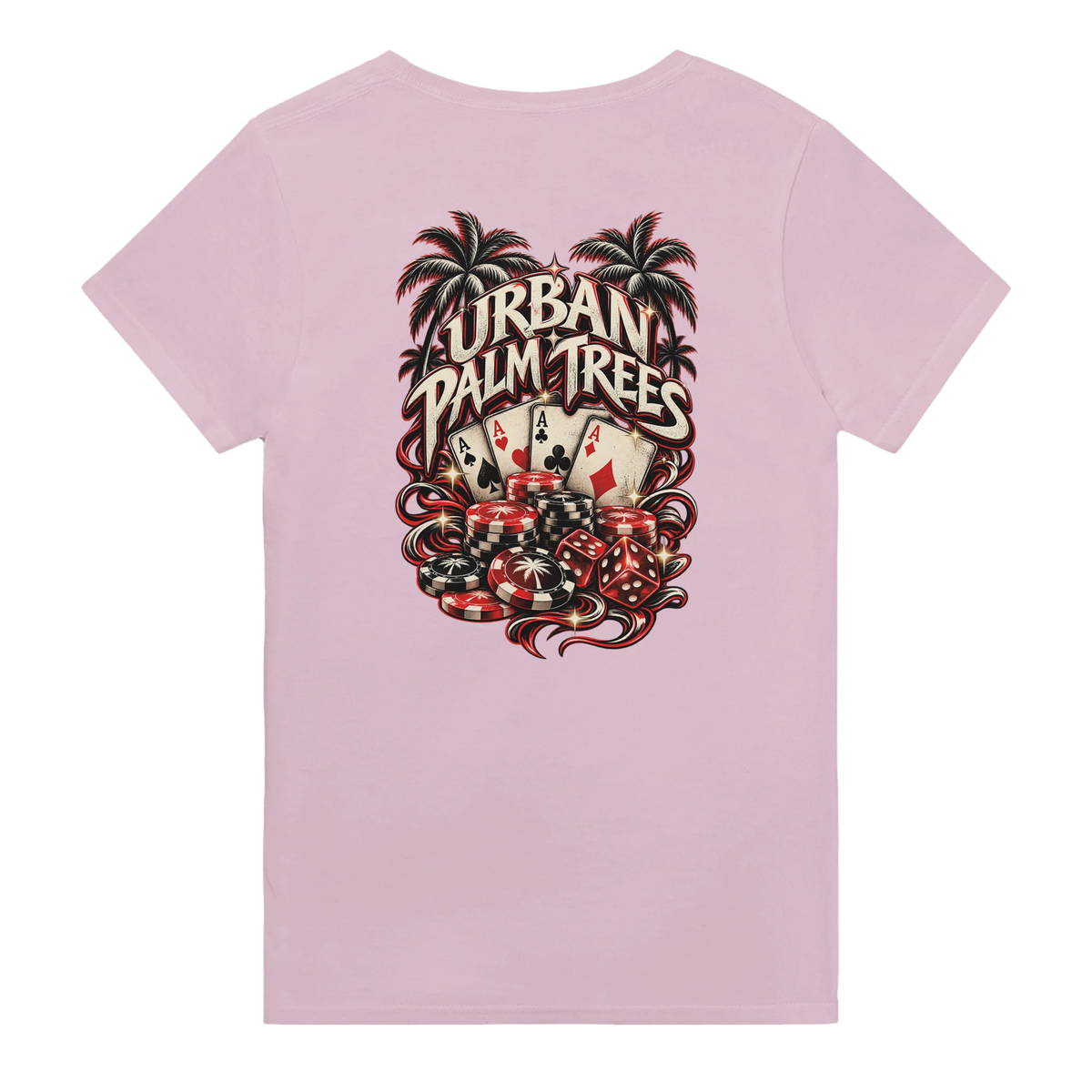 Pink men's t-shirt back print featuring retro "Urban Palm Trees" poker graphic with aces, chips, and dice.