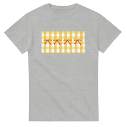 Grey women's T-shirt with a yellow gingham bow graphic on the chest.
