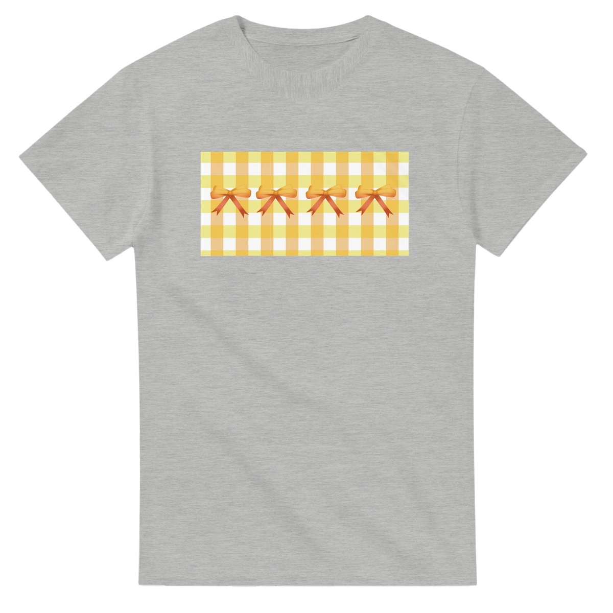 Grey women's T-shirt with a yellow gingham bow graphic on the chest.