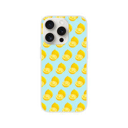 Pastel blue phone case featuring a yellow lemon pattern. Flexible TPU summer fruit cover for iPhone 13-16 with shock-absorbing protection.