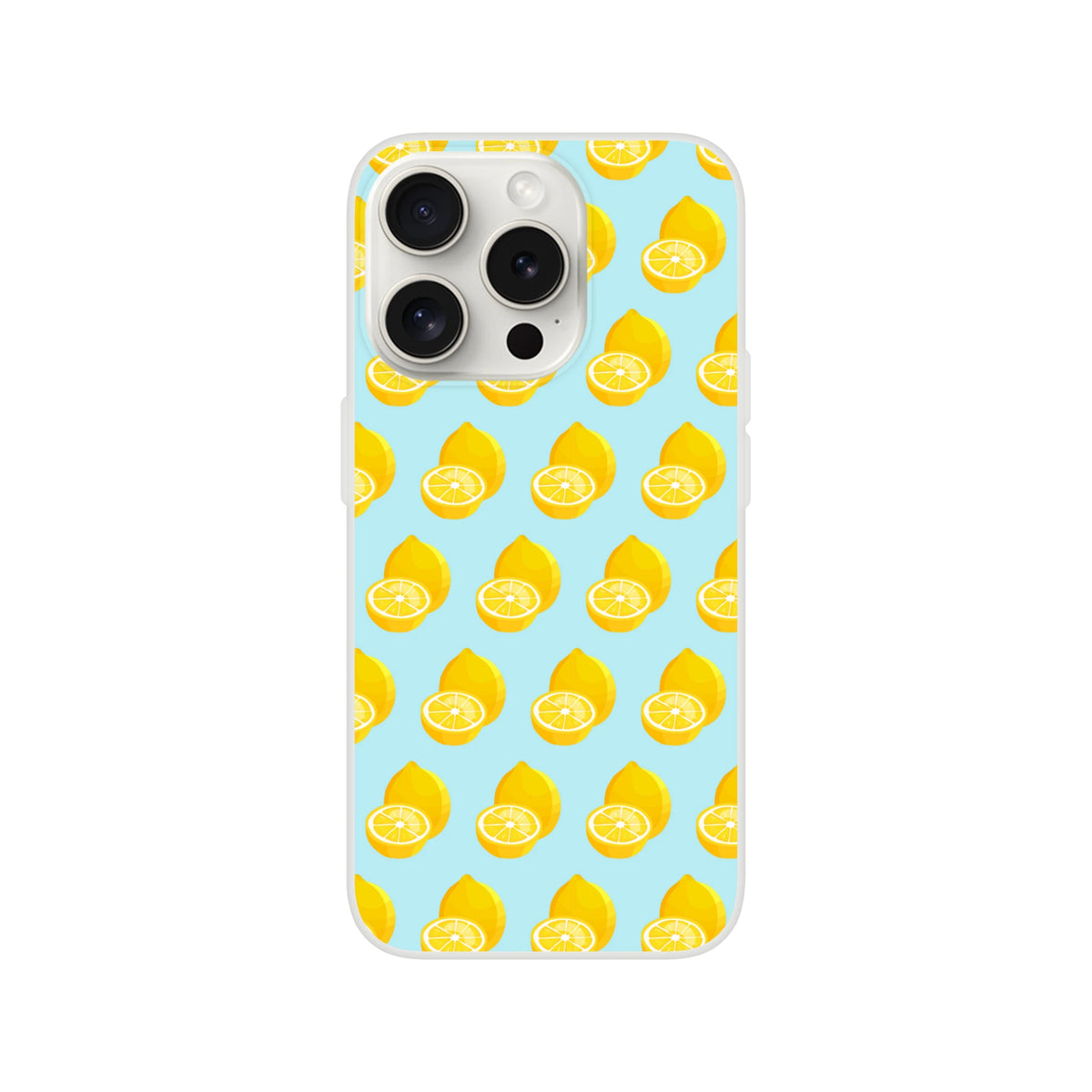 Pastel blue phone case featuring a yellow lemon pattern. Flexible TPU summer fruit cover for iPhone 13-16 with shock-absorbing protection.