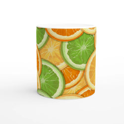 Cute Citrus Mug - Tropical Fruit Coffee Cup with orange, lemon, and lime slice pattern.
