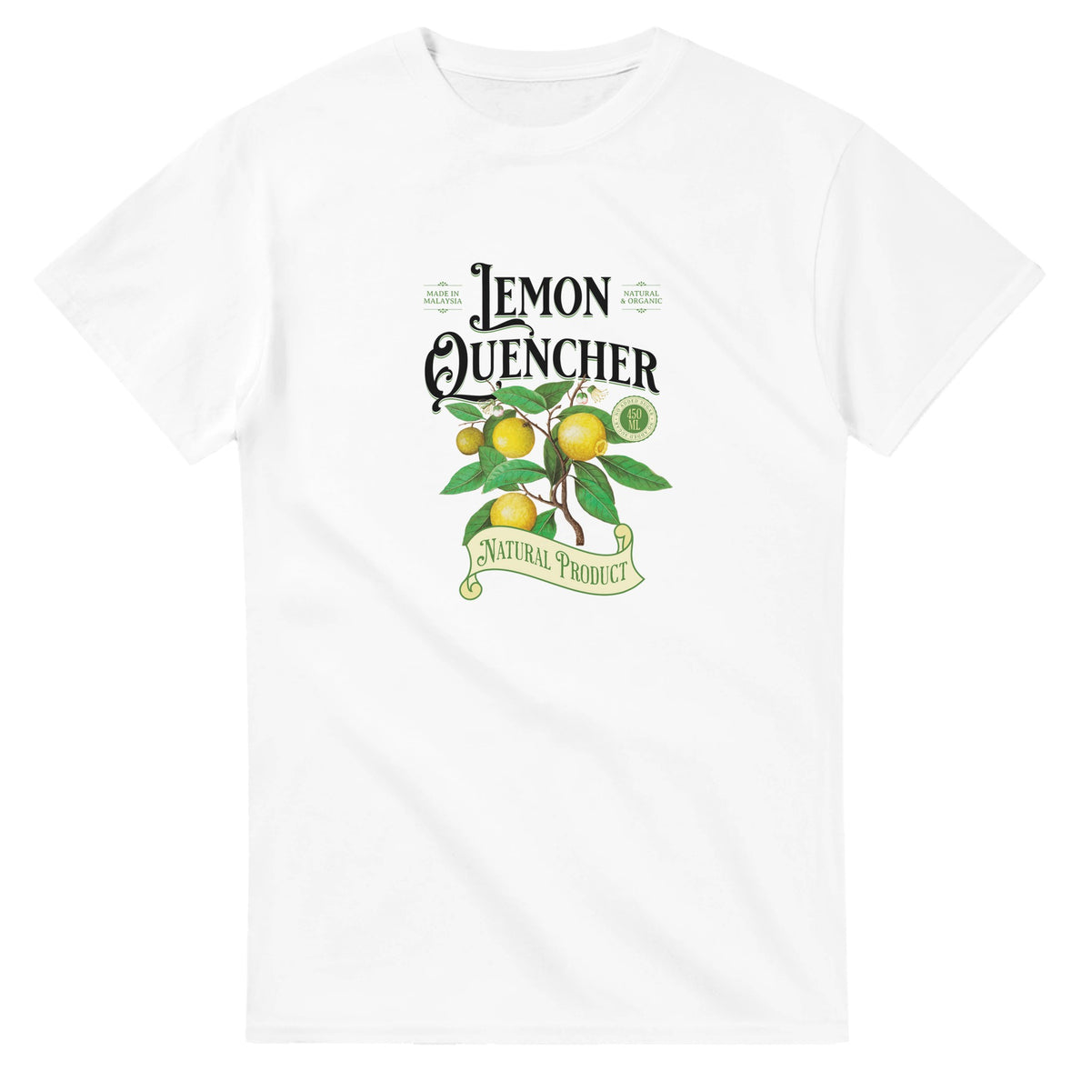 Women's lemon graphic t-shirt on white cotton blend with lemon tree design and Natural Product banner for casual wear
