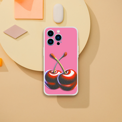 Retro Cherries iPhone Case (13-16), pink with cherry print, Y2K aesthetic phone cover