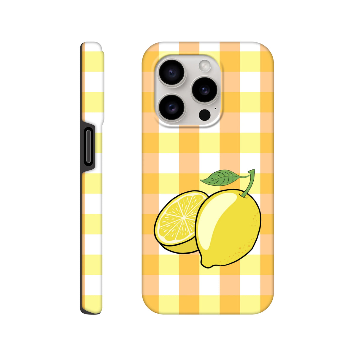 Yellow gingham iPhone case featuring cute whole and sliced lemon illustration with drop protection for iPhone 13-16.