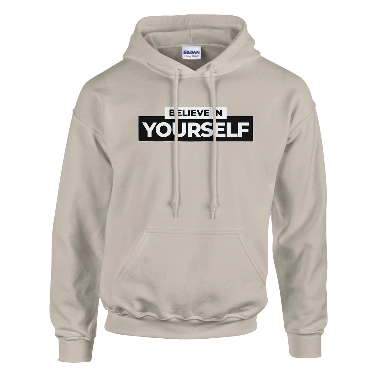 Beige Believe In Yourself hoodie for women with bold BELIEVE YOURSELF slogan, cozy streetwear.