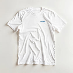 Santorini Greece Graphic T-Shirt on white tee with blue Santorini text logo.
