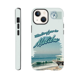 Vintage Malibu California beach scene iPhone case with "thinkin of you in Malibu" text and air mail stamp graphic.