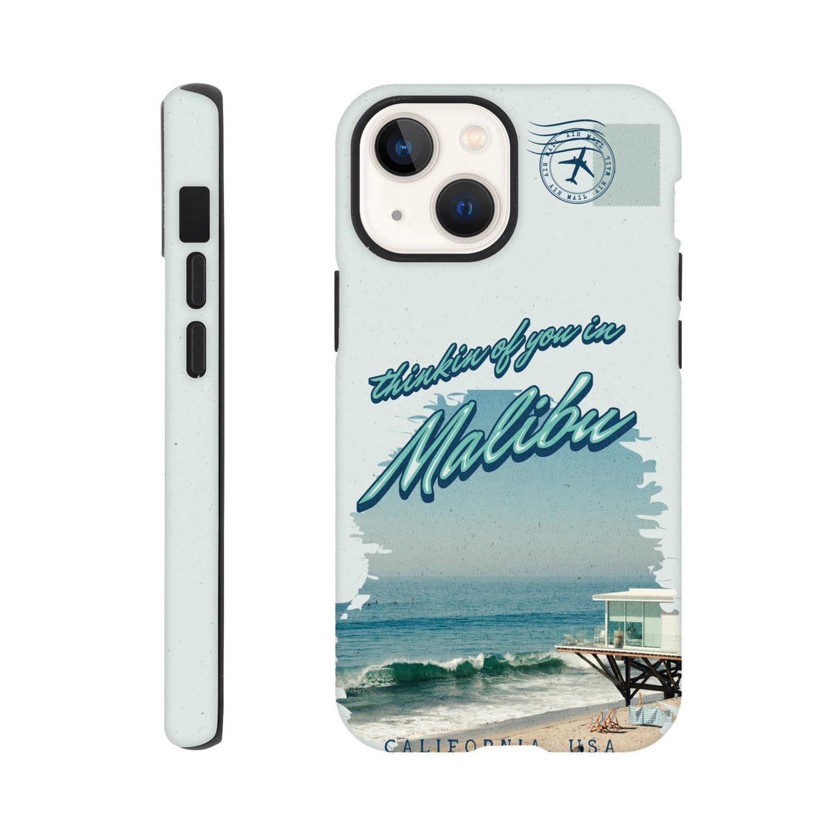 Vintage Malibu California beach scene iPhone case with "thinkin of you in Malibu" text and air mail stamp graphic.
