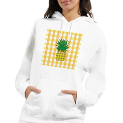 White women's hoodie featuring a vintage pineapple graphic on a yellow gingham background for cute streetwear.