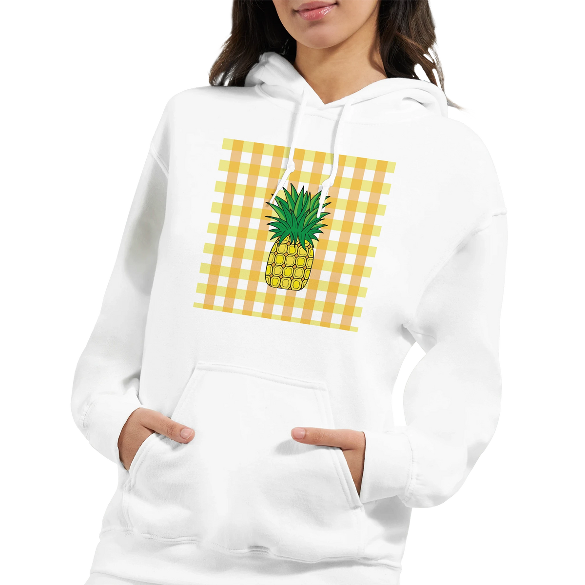 White women's hoodie featuring a vintage pineapple graphic on a yellow gingham background for cute streetwear.