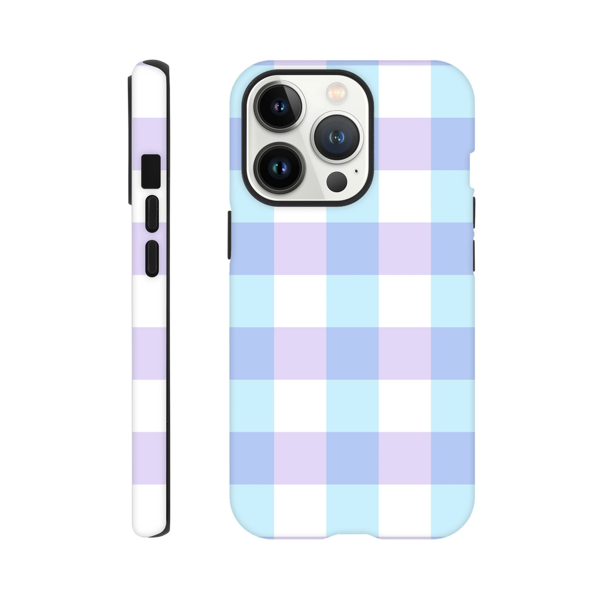 Pastel blue and lavender gingham tough iPhone case with shock-absorbing checkered cover for streetwear style protection.