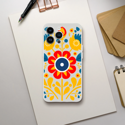 Floral Phone Case Slim Protective Cover for iPhone 13-16; frosted transparent case with bold yellow, blue, red flowers.