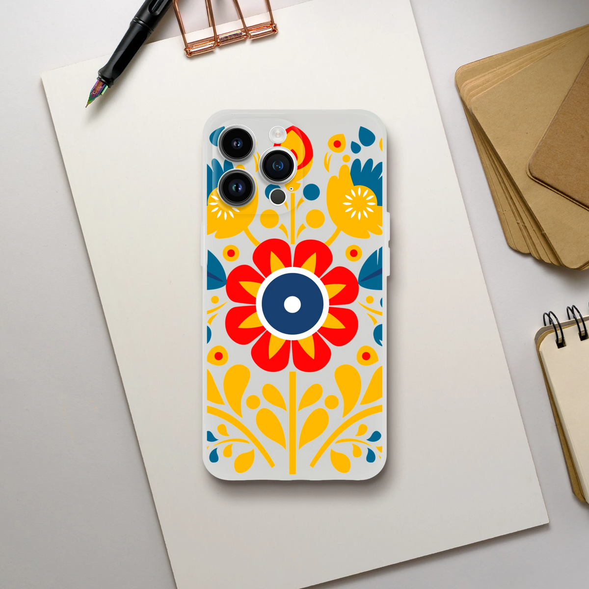 Floral Phone Case Slim Protective Cover for iPhone 13-16; frosted transparent case with bold yellow, blue, red flowers.