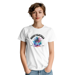 Women's white Urban Palm Trees T-Shirt featuring colorful palm-tree print in a retro streetwear style.