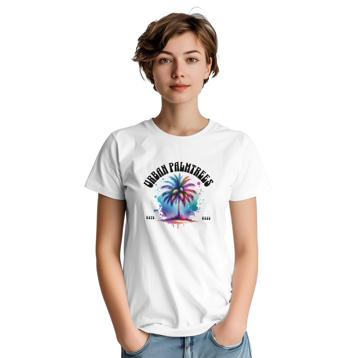 Women's white Urban Palm Trees T-Shirt featuring colorful palm-tree print in a retro streetwear style.