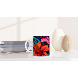 Colourful Tropical Hibiscus Mug with Floral Hawaiian Coffee Cup design on white desk