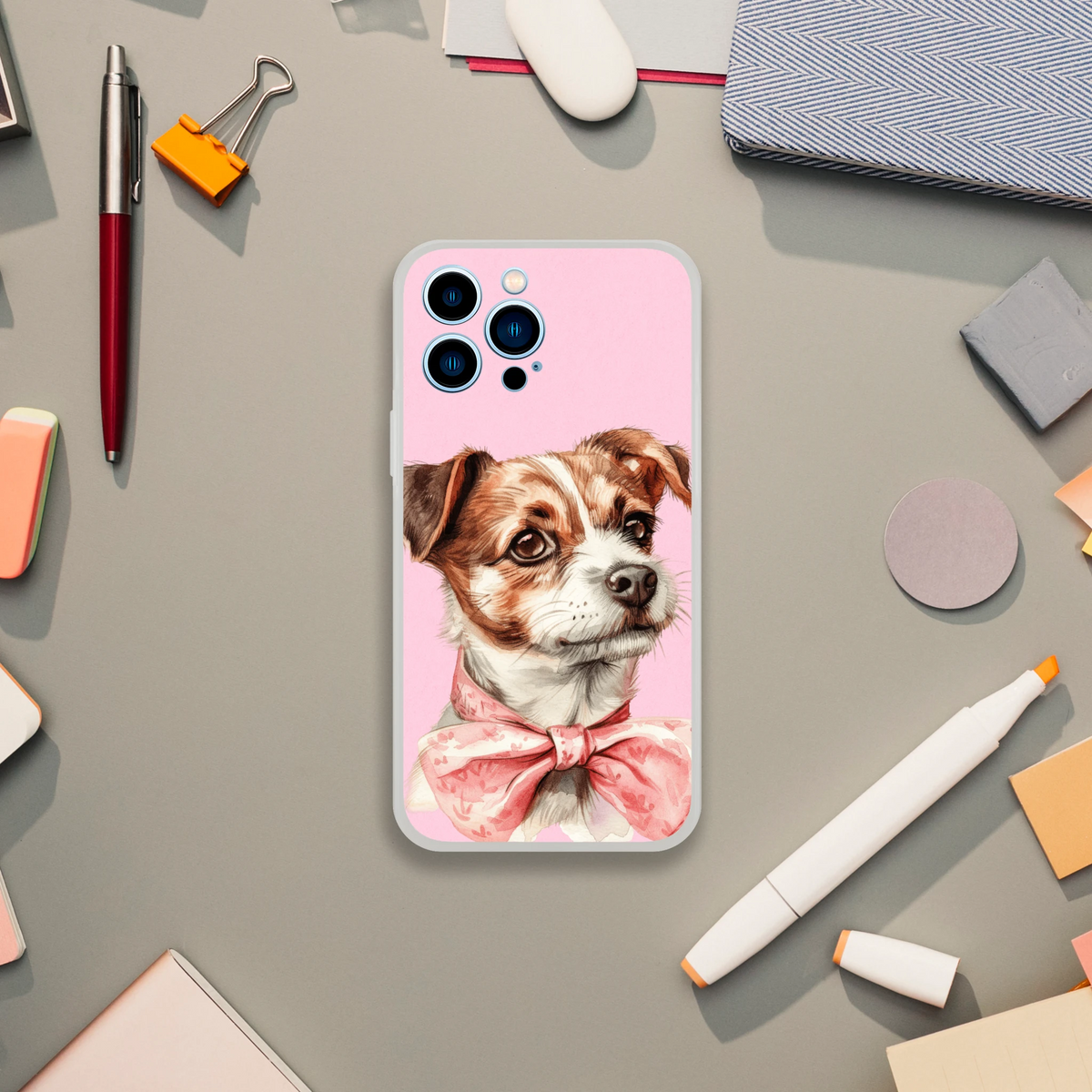 Pink dog portrait iPhone case for 13-16 with retro aesthetic and matte finish.