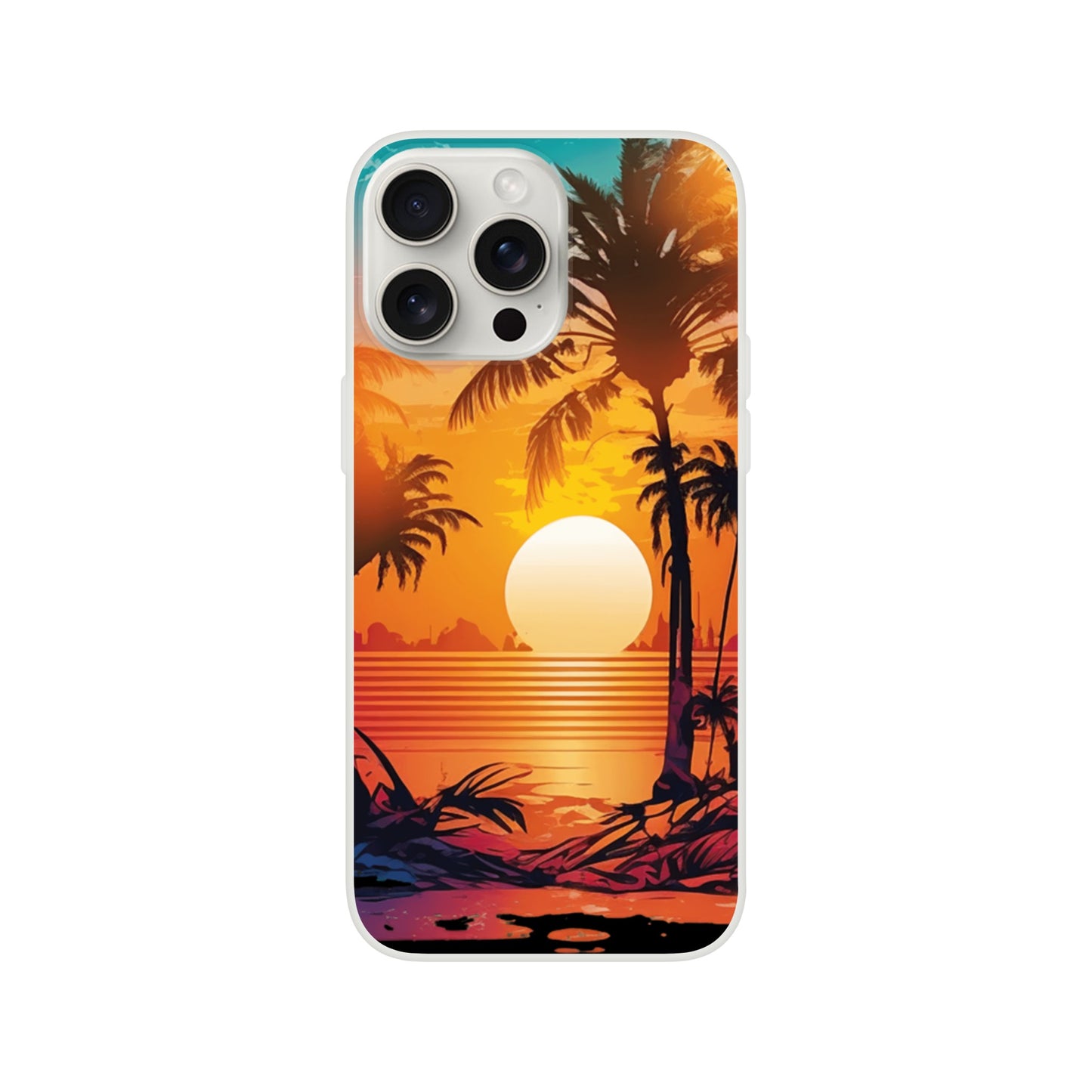 iPhone case with a tropical sunset design featuring palm trees and a setting sun 16