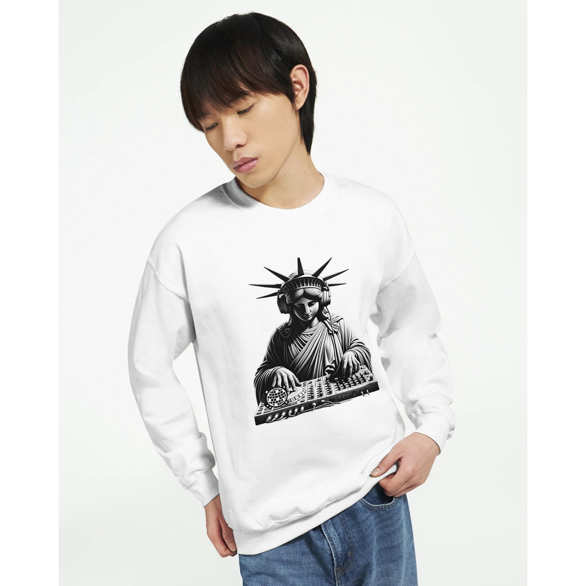 Person wearing a white men's graphic sweatshirt with a graphic design of the Statue of Liberty playing a keyboard.