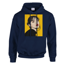 Navy blue hoodie featuring retro brunette pop art woman with red lips on a yellow background, vintage graphic streetwear pullover.