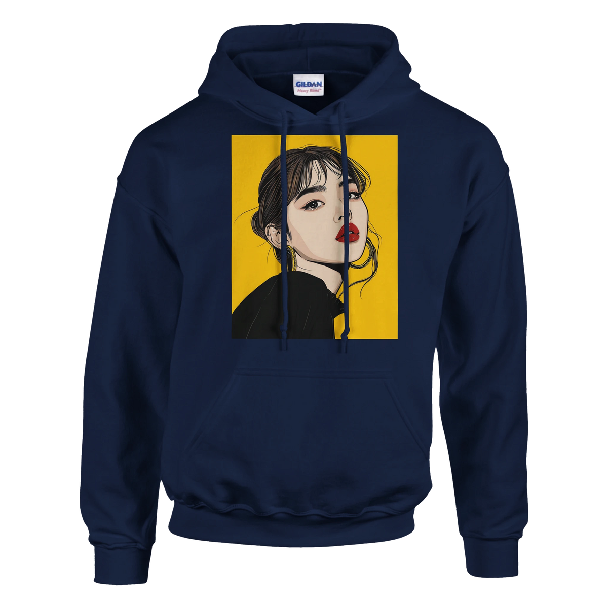Navy blue hoodie featuring retro brunette pop art woman with red lips on a yellow background, vintage graphic streetwear pullover.