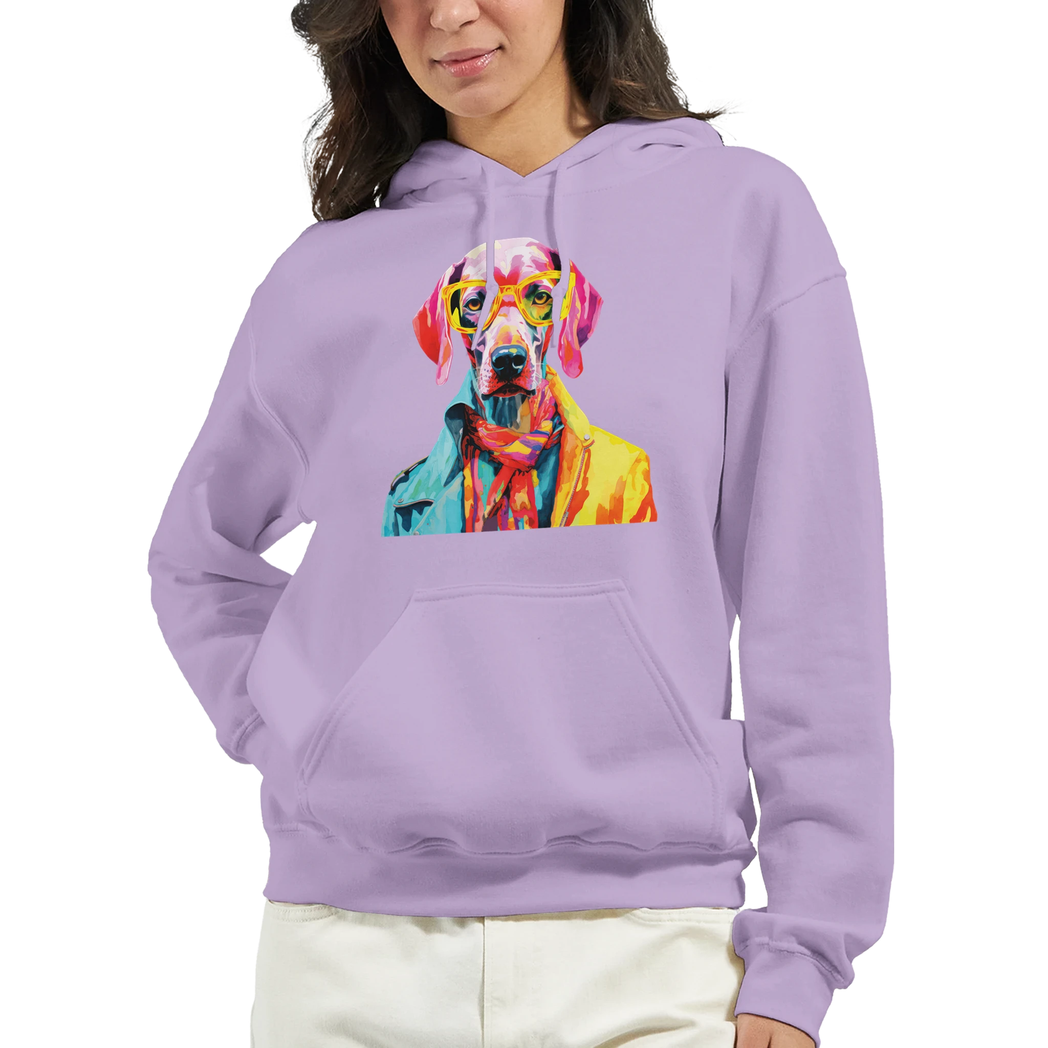 Lavender women's hoodie with a vibrant pop-art dog graphic wearing glasses and a colorful coat, front pouch pocket.