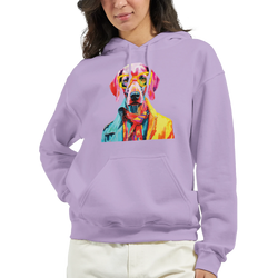 Lavender women's hoodie with a vibrant pop-art dog graphic wearing glasses and a colorful coat, front pouch pocket.