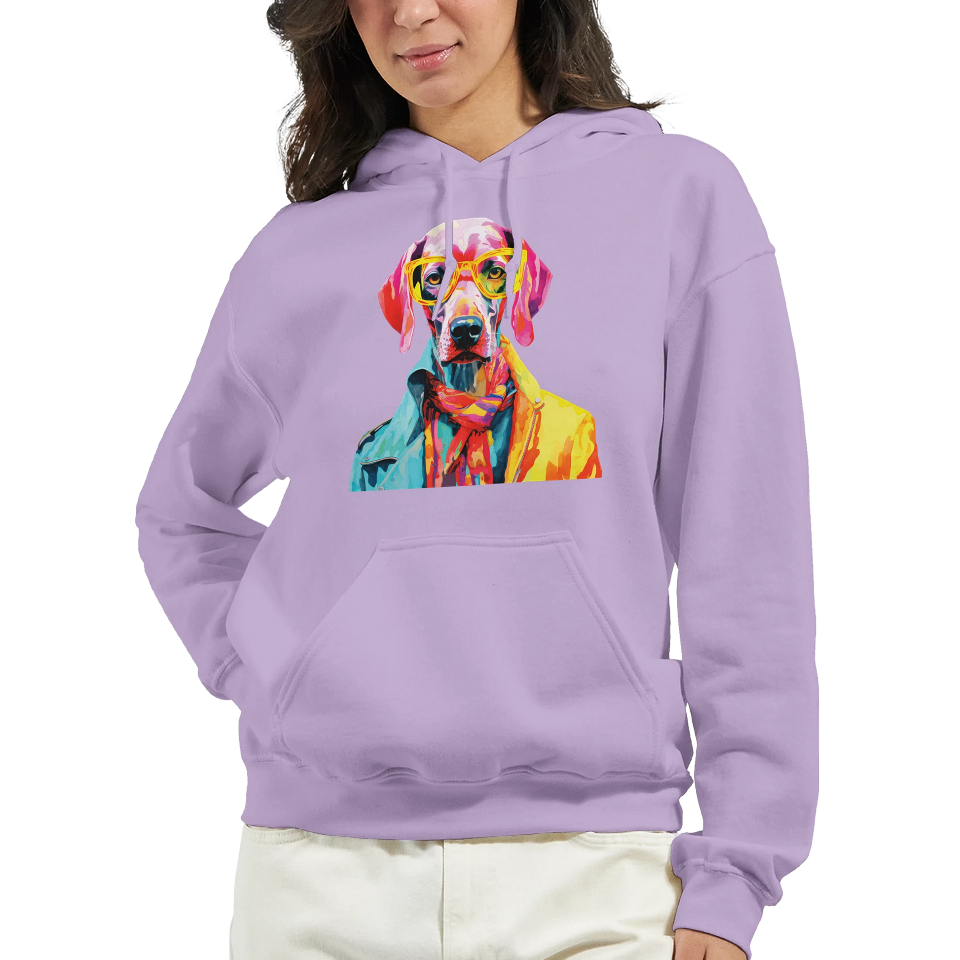 Lavender women's hoodie with a vibrant pop-art dog graphic wearing glasses and a colorful coat, front pouch pocket.