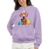 Lavender women's hoodie with a vibrant pop-art dog graphic wearing glasses and a colorful coat, front pouch pocket.