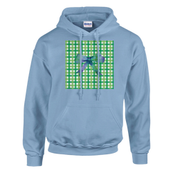 Light blue pullover hoodie featuring a green gingham square graphic with a purple polka-dot bow for a coquette aesthetic.