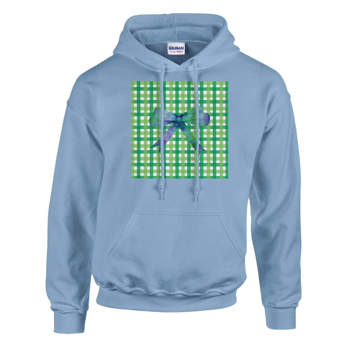 Light blue pullover hoodie featuring a green gingham square graphic with a purple polka-dot bow for a coquette aesthetic.