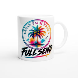 White mug featuring colorful rainbow palm tree graphic, Urban Palm Trees text, and Full Send slogan.