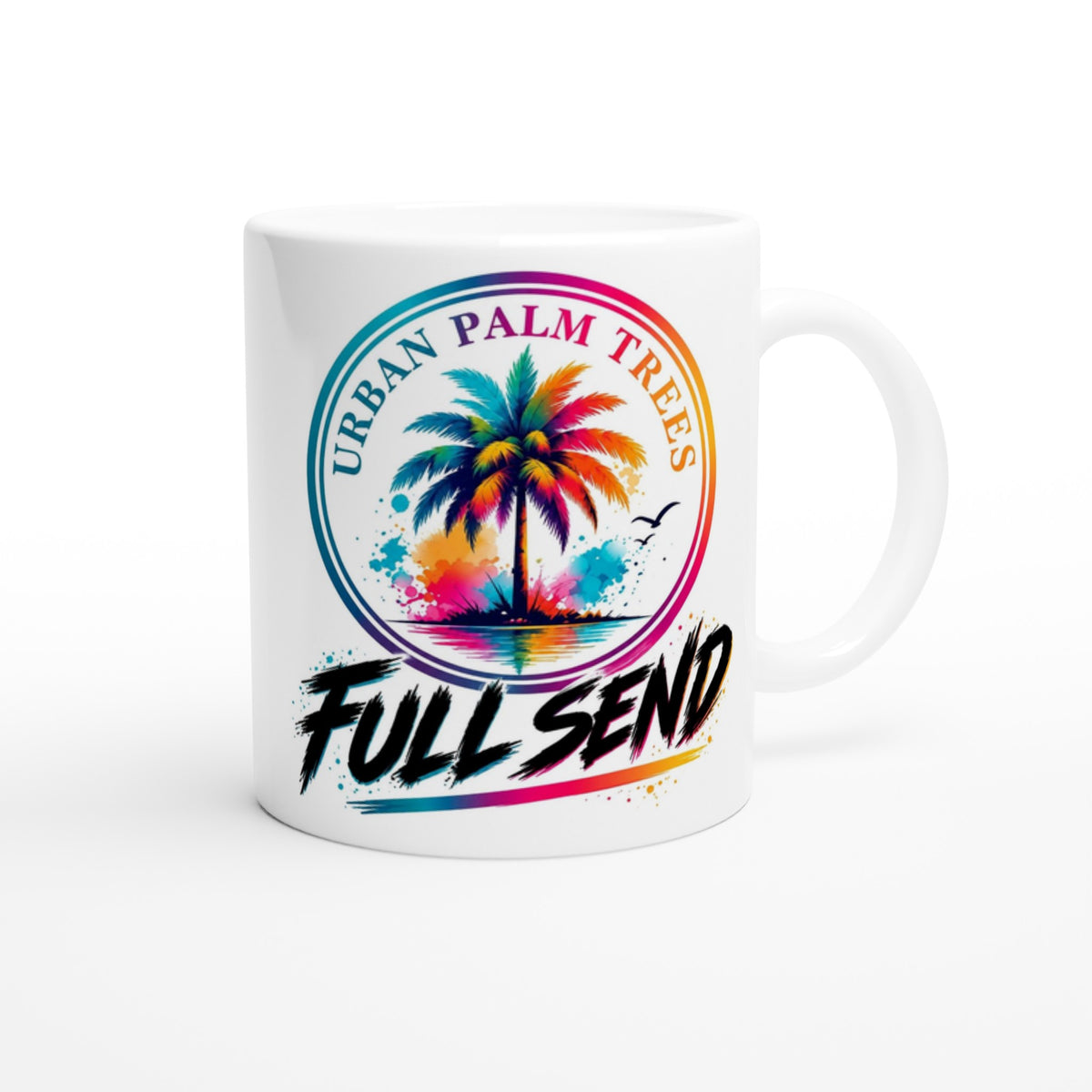 White mug featuring colorful rainbow palm tree graphic, Urban Palm Trees text, and Full Send slogan.