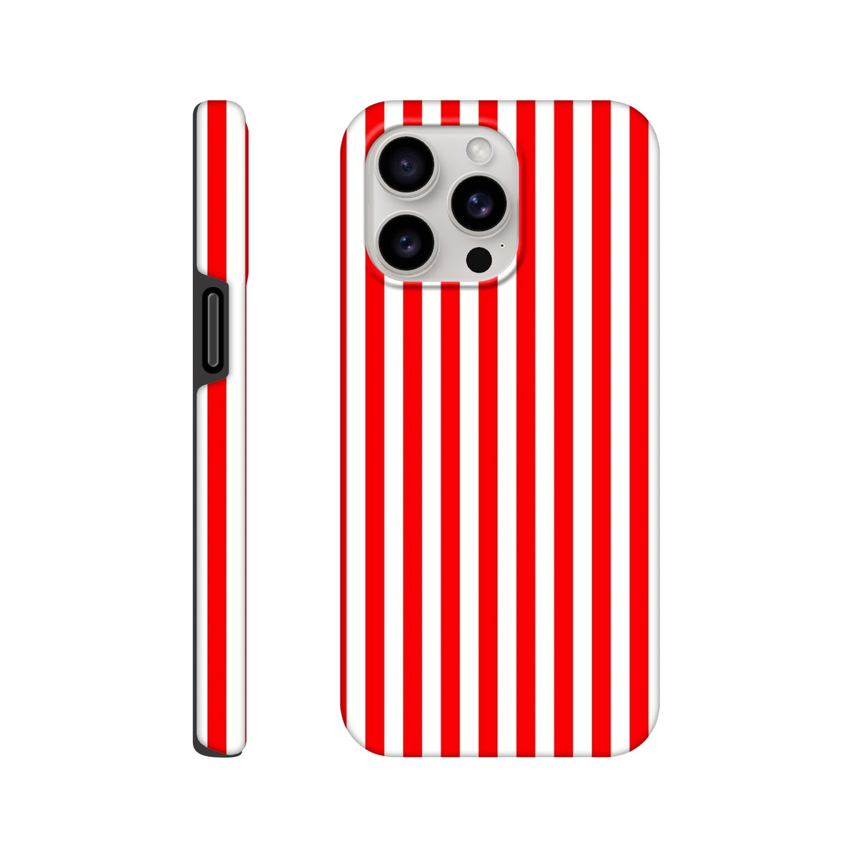 Retro red and white vertical stripe tough iPhone case showing back and side view with wraparound design.