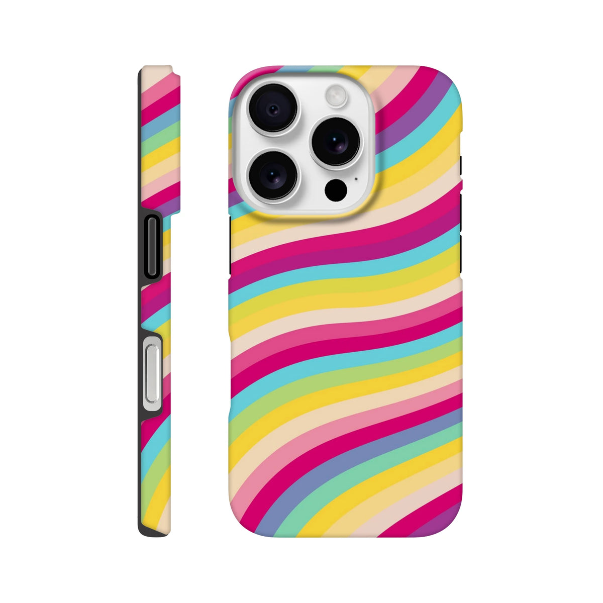Vibrant retro rainbow wave stripe iPhone tough case with shock-absorbing TPU protection for models 13-16.