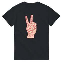 Black t-shirt featuring a retro pink typography peace sign hand graphic with vintage words like love, freedom, and stop war.