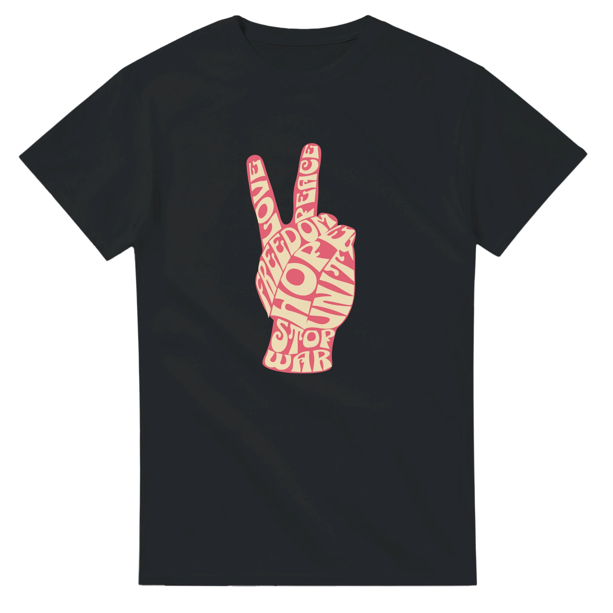 Black t-shirt featuring a retro pink typography peace sign hand graphic with vintage words like love, freedom, and stop war.