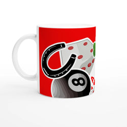 Red ceramic coffee mug featuring a horseshoe, six-sided dice, and black 8 ball billiard design.