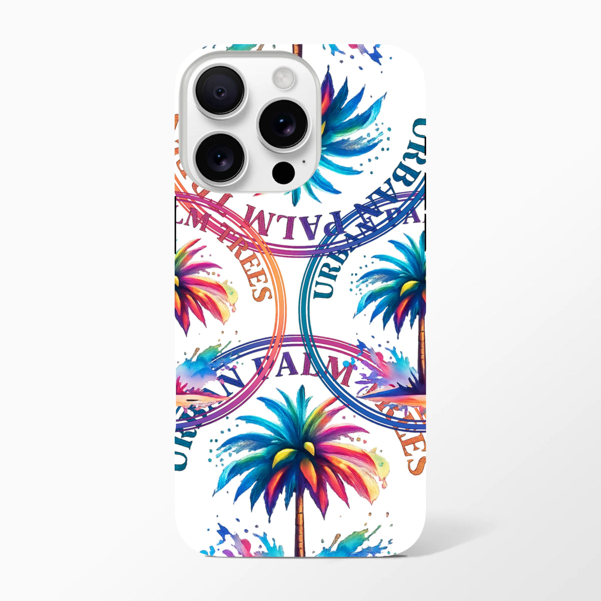 Tough iPhone case featuring vibrant watercolor palm trees and Urban Palm Trees text in a tropical streetwear design.
