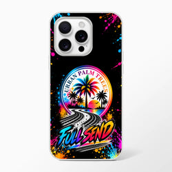 Full Send iPhone case with colorful Urban Palm Trees graphic, tire track road, and neon splash art on a black background.