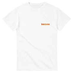 White T-shirt featuring an orange Barcelona wordmark on the chest for a casual travel-ready look.