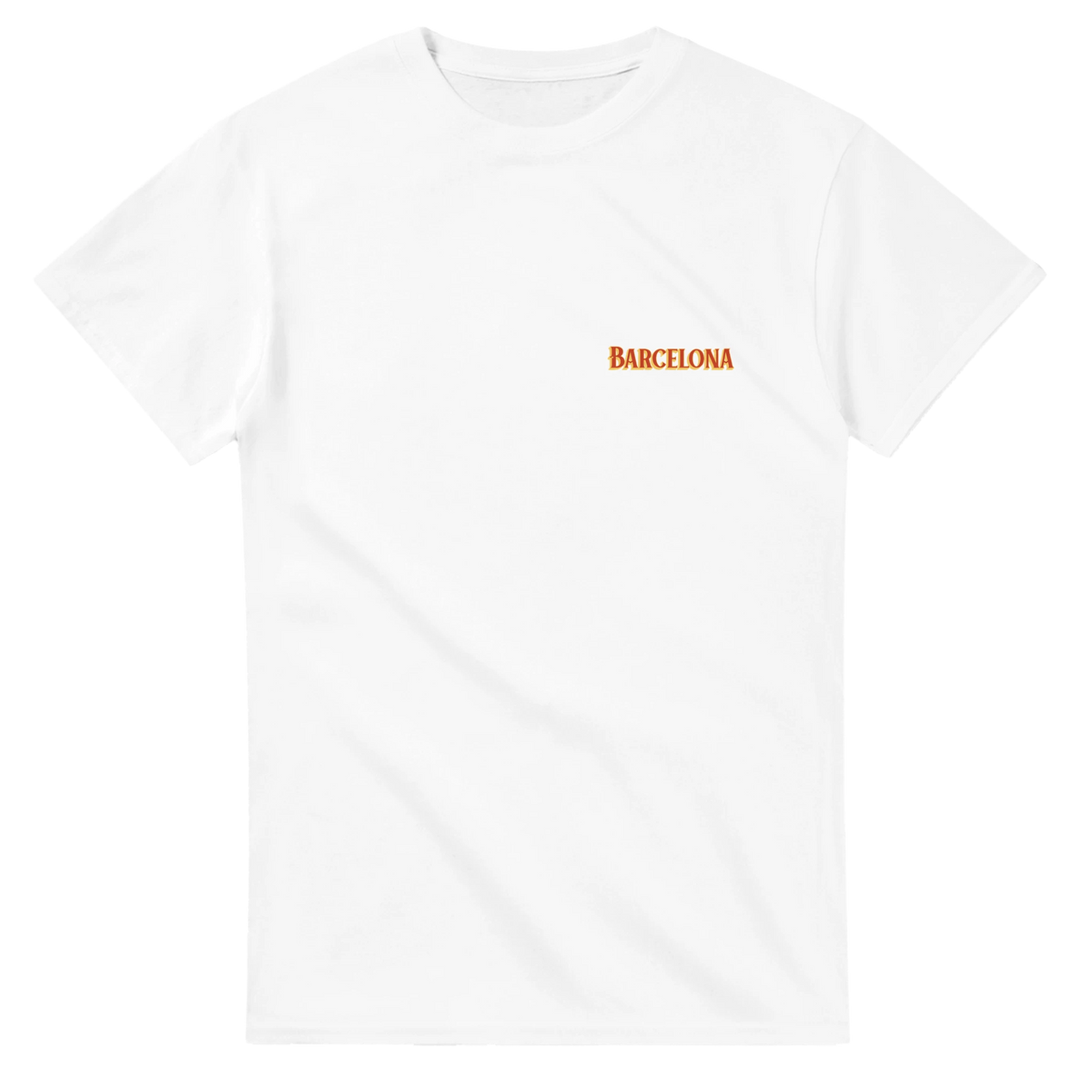 White T-shirt featuring an orange Barcelona wordmark on the chest for a casual travel-ready look.