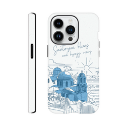 Tough iPhone case featuring blue line art of Santorini domes and "Santorini Blues and breezy views" script on white speckled background.
