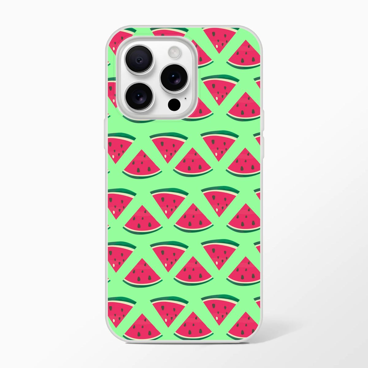 Cute summer watermelon pattern iPhone case featuring red fruit slices on a mint green background with slim matte finish and shock-absorbing protection.