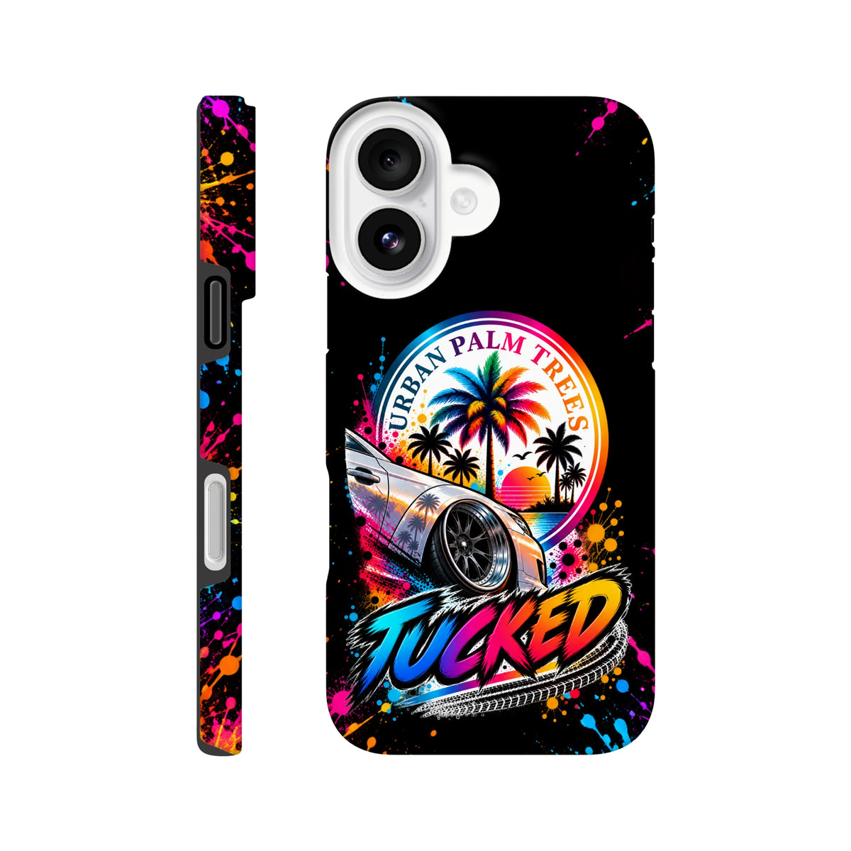 Tucked iPhone case featuring a lowered modified car, colorful palm trees, and "Urban Palm Trees" text with neon splatter art on black.