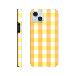 Retro yellow gingham checkered tough iPhone case with bright orange and white grid pattern for secure everyday protection.