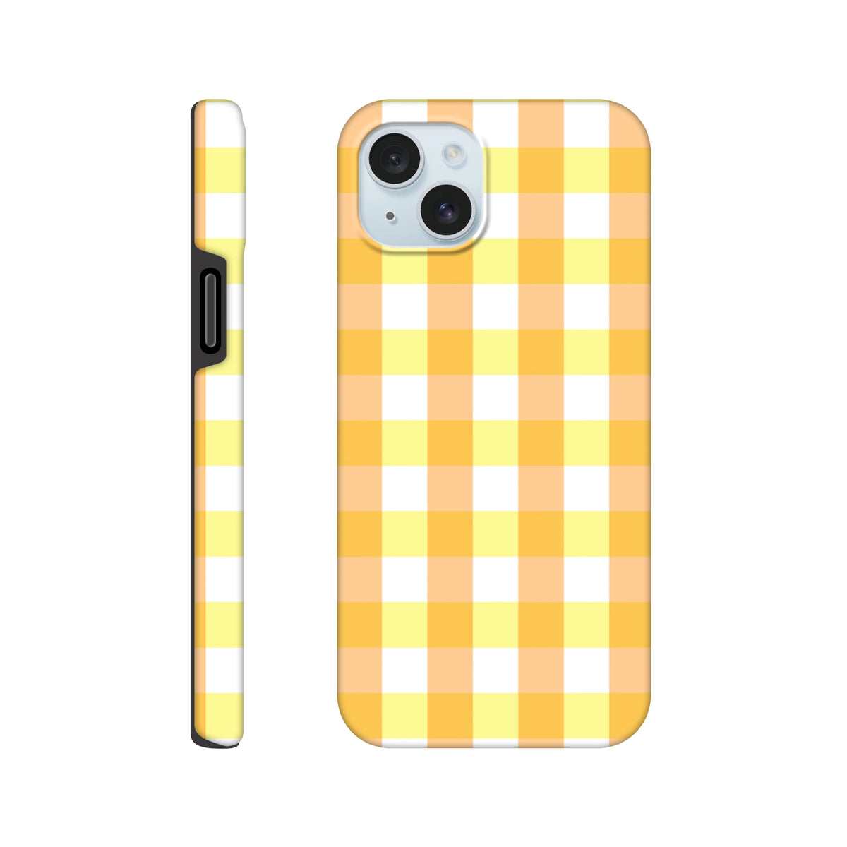 Retro yellow gingham checkered tough iPhone case with bright orange and white grid pattern for secure everyday protection.
