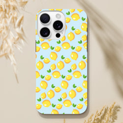 Cute lemon pattern iPhone case with fresh yellow fruit and green leaves on a light blue background for models 13-16.