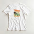 White Tropical Dreamer women's graphic t-shirt (sizes S-XL) in soft cotton blend with palm trees and sunset waves.
